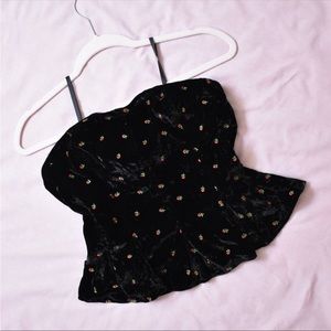 Free People Black Velvet/Embroidered Design Corset Strapless Smocked Top SZ L